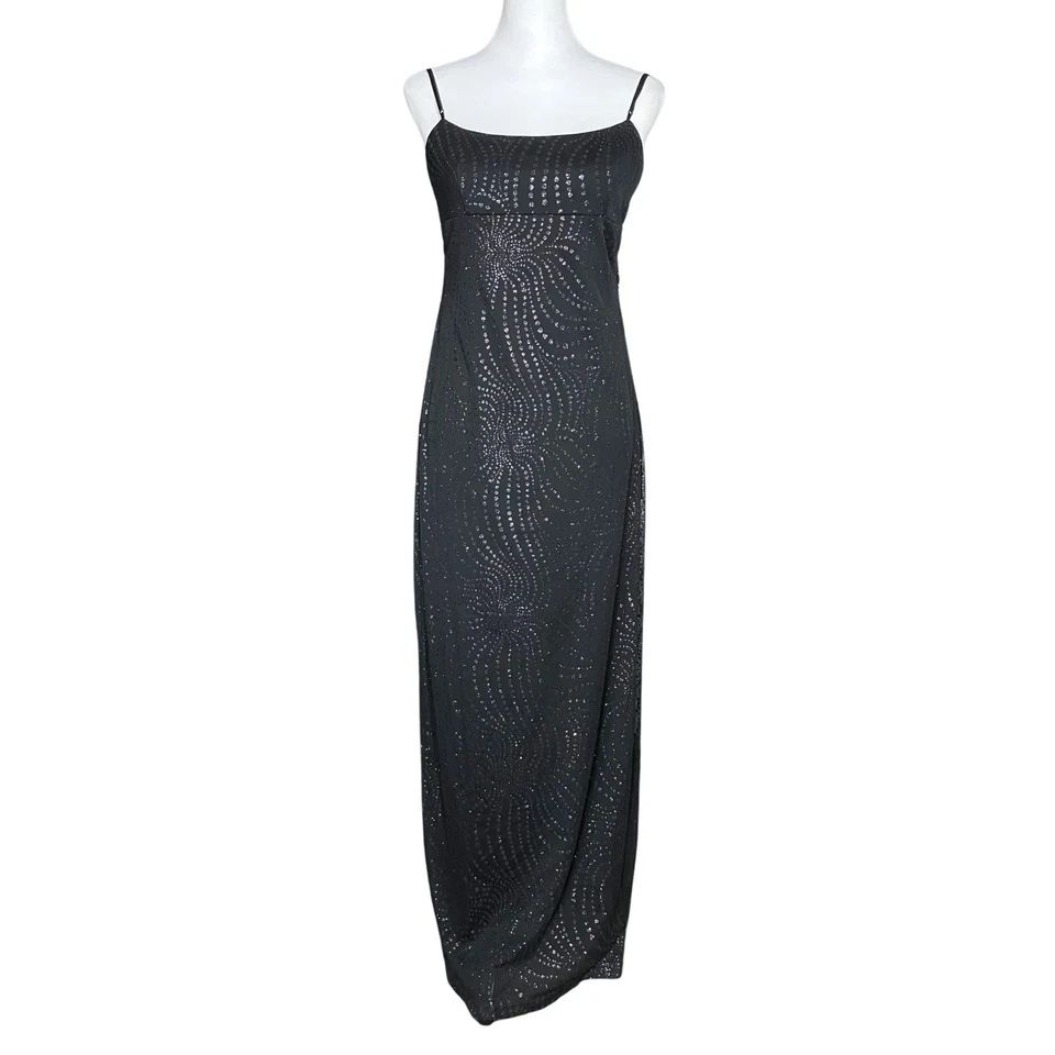 90s Vintage Black Whimsigoth Prom Dress. Medium. Empire Waist Polka Dot Glitter - Image 2 of 4