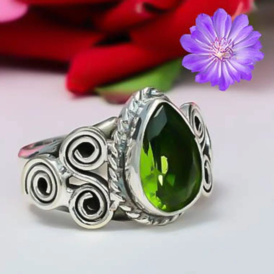 Classic Peridot Gemstone 925 Sterling Silver Handmade Jewelry Ring All Size - Image 3 of 4