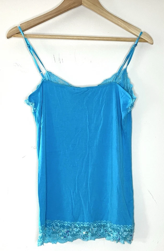 Camiseta sin mangas Copper Key azul espagueti con cuentas lentejuelas encaje elástico talla L Y2K Foto 3 de 4
