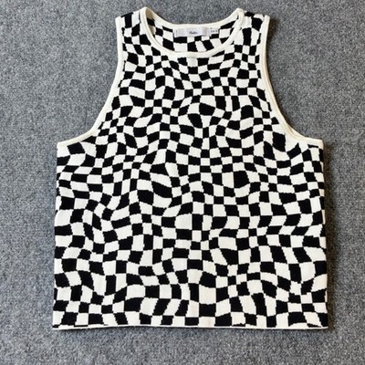 Adika Checkerboard Knit Tank Top Sleeveless Black White Pattern Y2K Casual XS-S