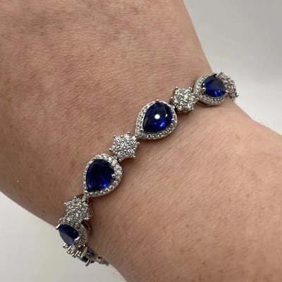 10 Ct Pear Cut Lab-Created Blue Sapphire Tennis Bracelet 14K White Gold Plated