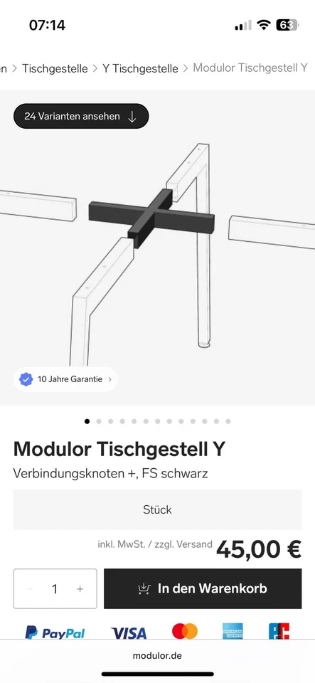 Modulor Tischgestell Y Verbindungsknoten +, FS schwarz RAL 9011