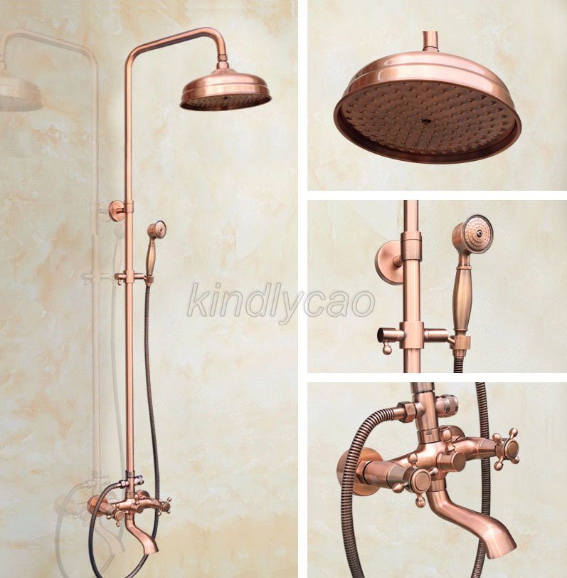 Antique Red Copper Shower Faucet Set 8" Shower Head W/ Handheld Sprayer