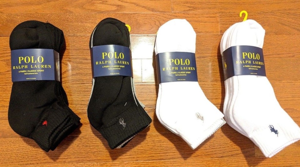 Polo Ralph Lauren 6 Pair Pack Classic Sport Cushioned Sole Quarter Crew Socks 