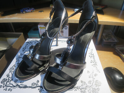 linea paolo black strappy low heel shoes Linea Paolo Black Silver Strappy Open Toe Heels Shoes Women's M