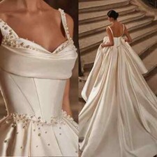 Pearls Wedding Dresses Spaghetti Straps Bride A Line Satin Sleeveless Backless