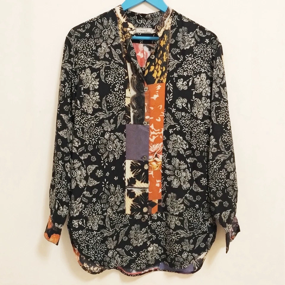 Top para mujer Nana Italia pequeño IT 42 negro floral artístico retro manga larga abotonada Foto 2 de 4