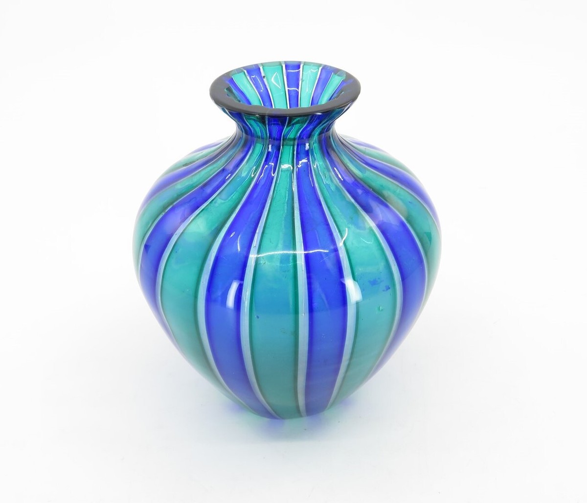 Signed Orlando Zennaro Murano A Canne Glass Vase Blue & Green 4.5