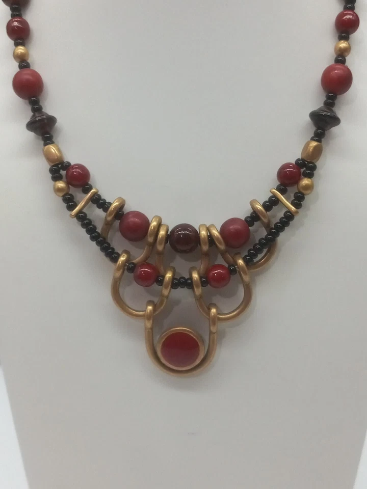 Chico's Brass Tone Black And Red Berries Beaded And Enamel Statement Necklace - Image 3 of 4