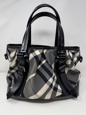 Vintage Burberry Black & Gray Plaid Beat Large Satchel Tote Bag Patent Handles