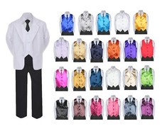 7pc Boy Formal Necktie Black Pants White Suit Tuxedo Satin Necktie Vest Baby S-8