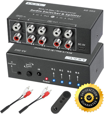 Lossless Bi-Directional Audio Switcher & Splitter with Remote RCA 4-Way Speakers