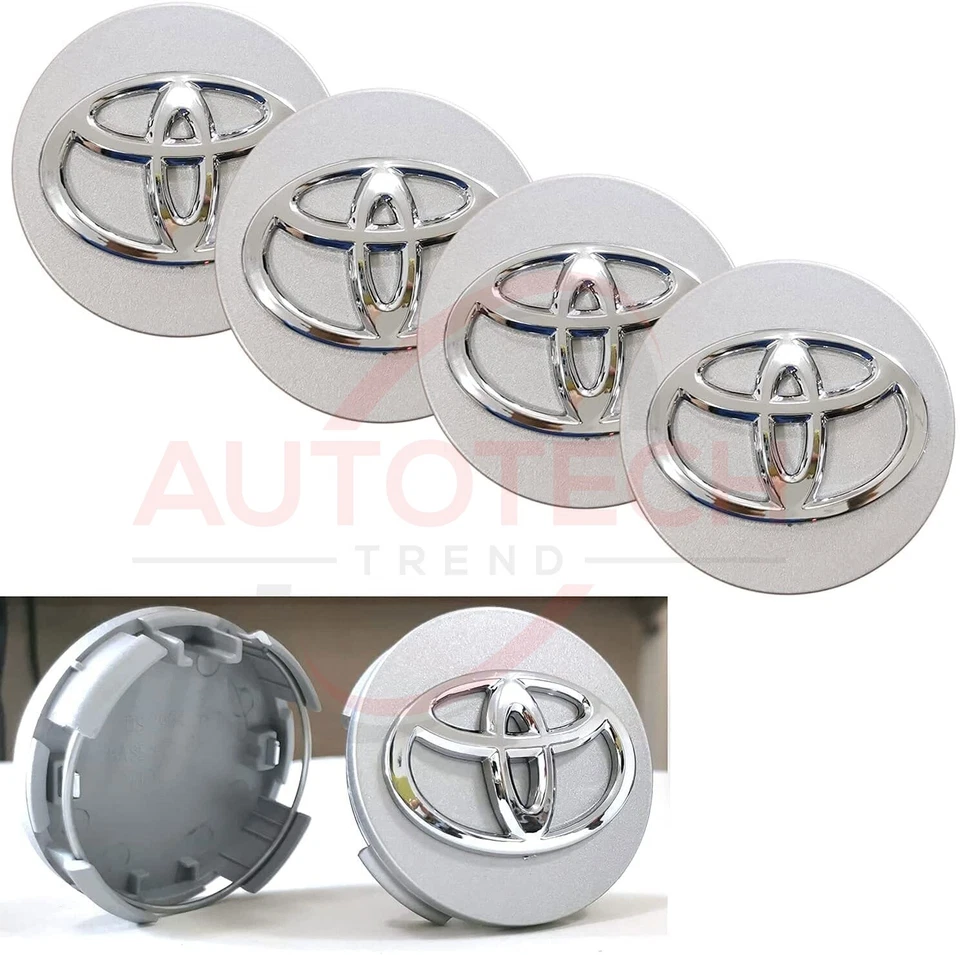JUEGO DE 4 TAPAS CENTRALES LLANTAS TOYOTA PLATA/CROMO LOGO 62MM CAMRY Foto 2 de 2