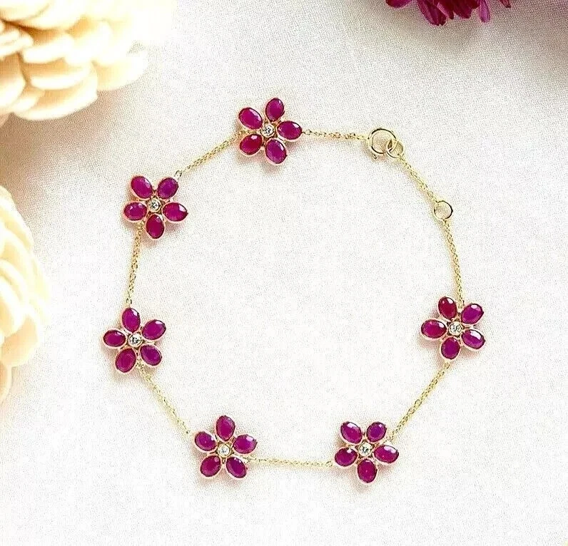 5Ct Oval Cut Lab Created Pink Ruby Women Flower Bracelet 14K Yellow Gold Plated - Image 3 of 4