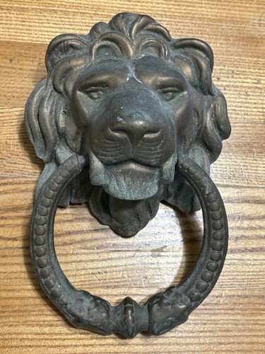 Vintage Heavy Sand Cast Brass Lion Door Knocker w Ring in Mouth