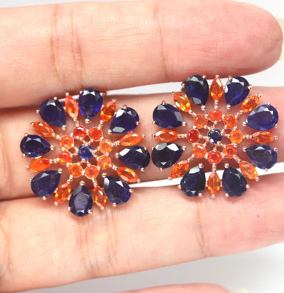 Heated 5 X 7 mm. Blue Sapphire & Orange Fire Opal Earrings Silver 925 Sterling - Image 2 of 4