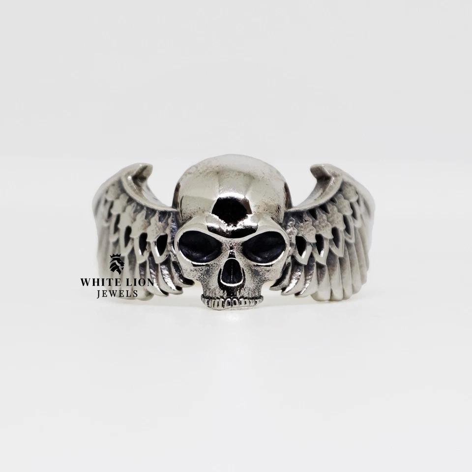 Gotico Punk Teschio Ali 925 Italiano Argento Sterling Biker Rider Uomo Bird Ring - Immagine 2 di 4
