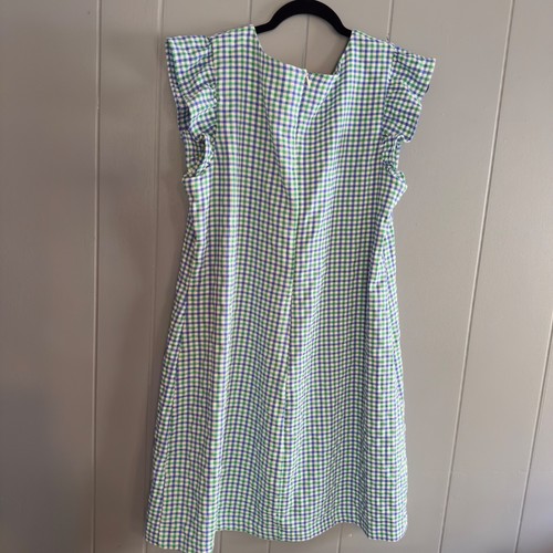 Elle gingham ruffle sleeve shift dress XL green blue white check summer picnic - Picture 5 of 10