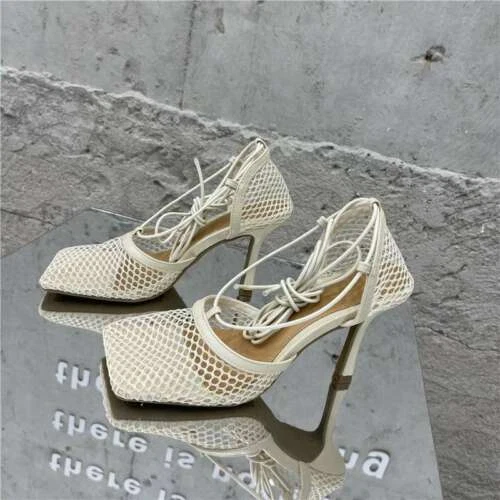 Square Toe Mesh Stiletto Cross-tied Up Lace New Pumps Sandals hollow Dress shoes - Picture 14 of 22