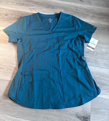 Med Couture Touch Women's V-Neck Scrub Top, Size M, Solid Blue Polyester
