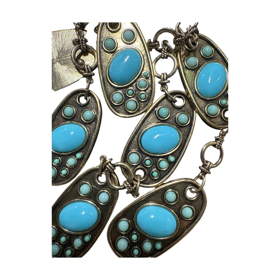 NUEVO CON ETIQUETAS CHICO'S Tono Dorado Imitación Turquesa Babero Collar Distintivo Precio de venta sugerido por el fabricante 69,00 USD C370 Foto 3 de 4