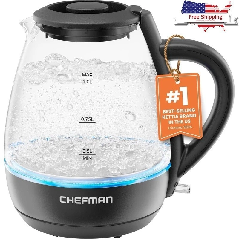 Electric Glass Kettle 1L Fast Boil LED Indicator Automatic Shutoff Cordless New