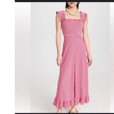 Ganni Women's Stretch Seersucker Maxi Smock Dress Red Gingham Checkered Size XL