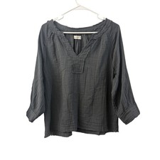 Natural Life Womens Medium Gray Cotton Gauze Boho V-Neck Frayed Hem Blouse Top