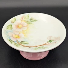 Vanity Trinket Tray 6" Hand Painted Pink Wild Rose Floral Pedestal ~ Vintage EUC