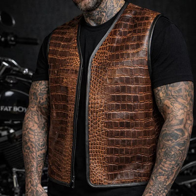 Tan Genuine Leather Waistcoat Crocodile Effect Custom Handmade Western Mens