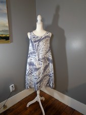 Tahari White and Blue Sleeveless 100% Linen Dress with Tropical Print Size L