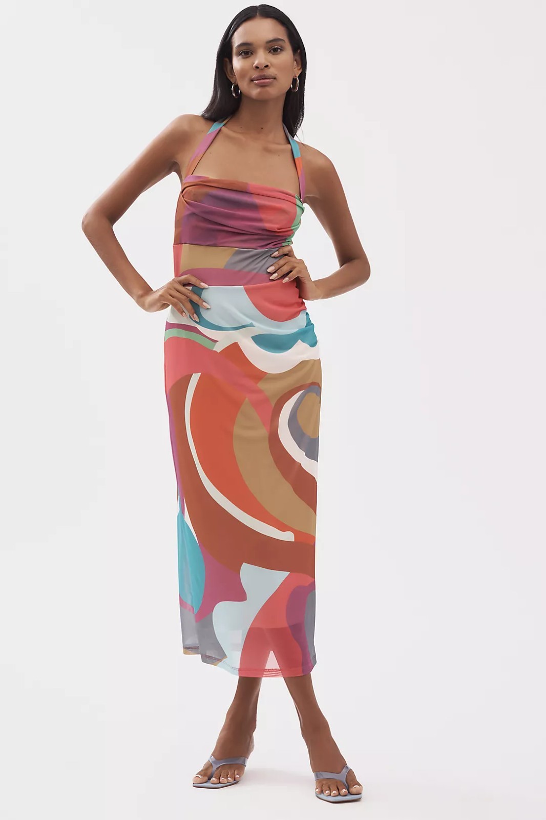 Anthropologie Square Neck Halter Midi Dress Pink Combo Petite XS NWT New $148