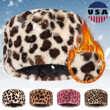 Women's Winter Outdoor Fluffy Russian Hat Leopard Warm Hat Furry Faux Fur Hat