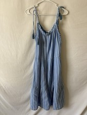 BeachLunchLounge Blue Striped Cotton Gauze Tiered Tassel Dress Women’s M Boho