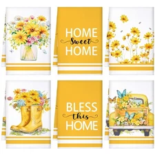 Set of 6 Yellow Flower Kitchen Towels Decorative Floral Tea Towels Absorbent ...