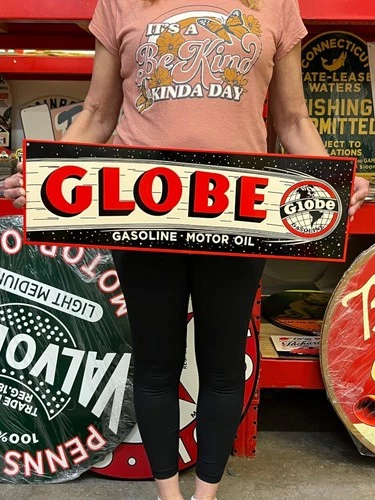 Vintage Style Metal Sign Globe Gasoline NOT Porcelain 25x8 Made USA