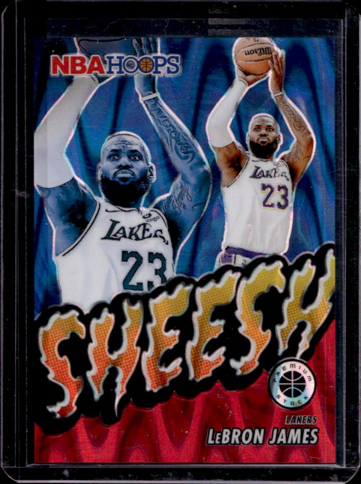 2023-24 Hoops Premium Stock LeBron James Sheesh Red Seismic Prizm #62/199