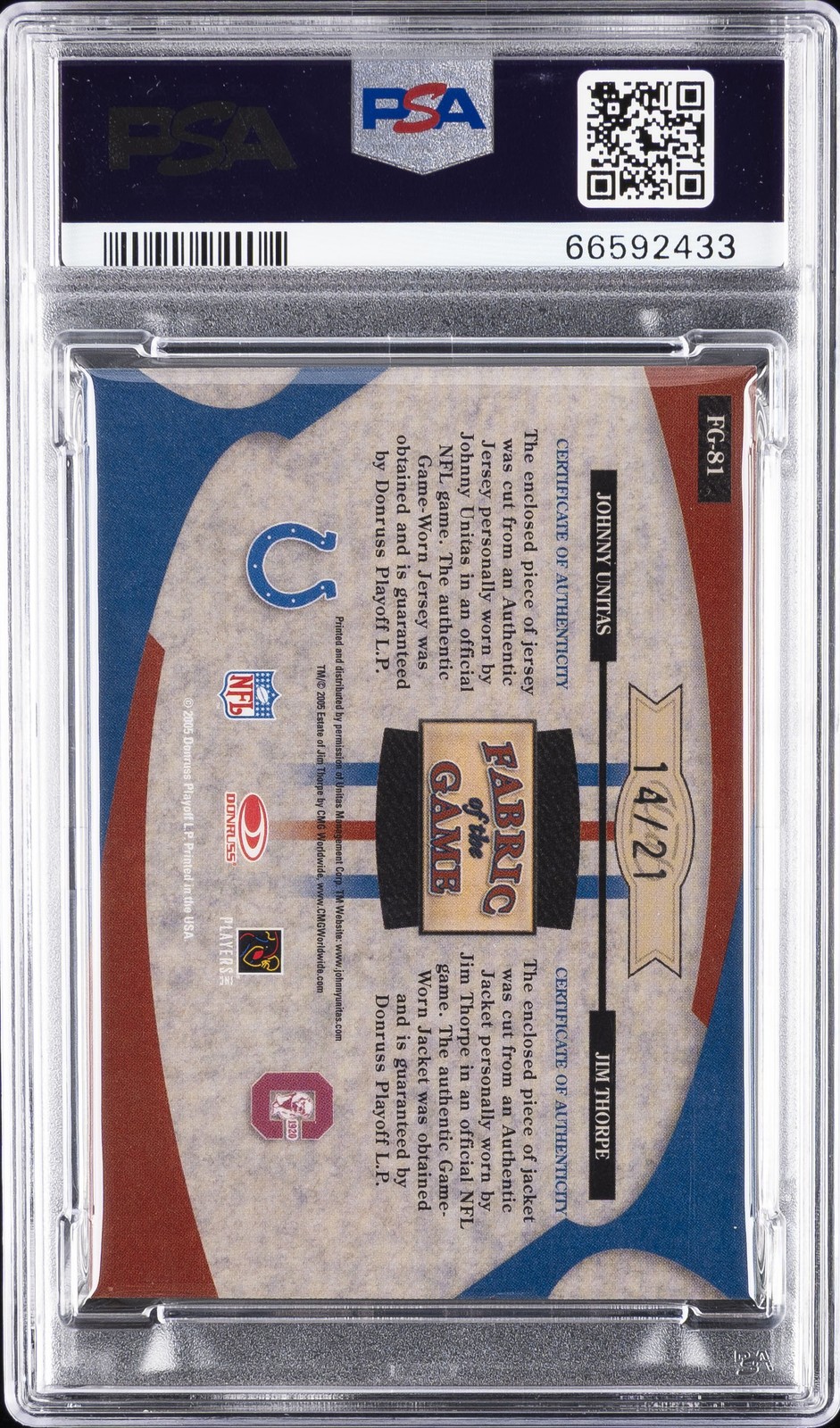 2005 CERTIFIED MATERIALS FABRIC OF THE GAME JIM THORPE JOHNNY UNITAS 14/21 PSA 8 view 2