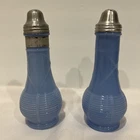 Vintage Jeanette Glass Co Delphite Blue Milk Glass Weave Salt and Pepper Shakers