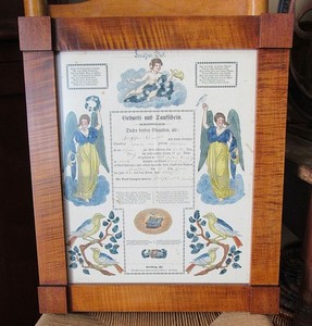 Antique 1841 Penn German Fraktur Birth Baptism Hand Painted Custom Frame