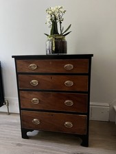 4 Drawer Chest of Drawers Black Frame Brown Wood Fronts Brass Bail Pull Handles