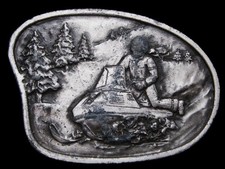 KJ23109 VINTAGE 1970s  RIDING SNOWMOBILE  DOWN MOUNTAIN PEWTER BELT BUCKLE