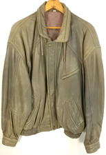 Vtg Crown Sport Leather Jacket Mens 44 Zip Front Olive Drab Distressed Destroyed