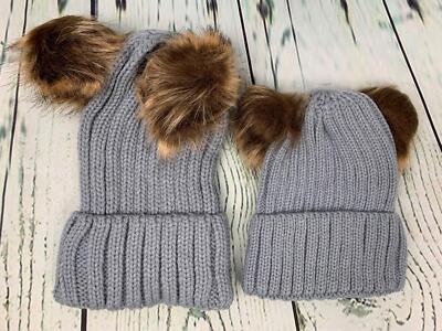 Warm Mommy and Me Winter Hat Pompom Ears Elastic Knitted Grey 2 Pack