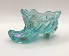 Fenton Art Glass Slipper-Iridescent Blue Hand Painted Original Label Vintage