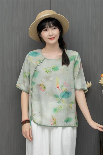 Womens Retro floral Printed Cotton Linen Tops Shirt Round Neck Short Sleeves New - Picture 24 of 44