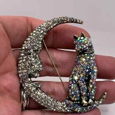 #ad #ad Vintage Rhinestone Cat Brooch Cat on The Moon Animal Enamel Pin $6.04