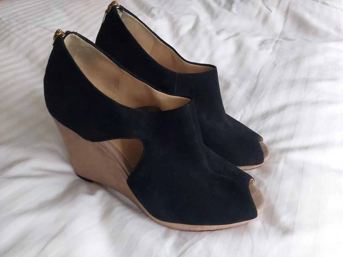 LADIES CLARKS BLACK SUEDE WEDGE BACK ZIP OPEN TOE SHOES SIZE UK