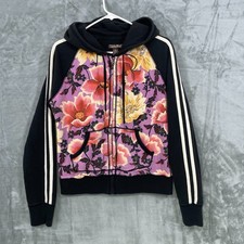Vintage Y2K Lucky Brand Hoodie Womens Size M Zip-up Floral Print Stripes Sleeve
