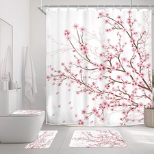 4 PCS Cherry Blossom Asian Shower Curtain Japanese Weeping Flower Sakura Pink...